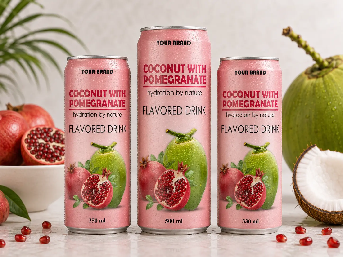 COCONUT FLAVORED DRINK pomegranate flavour shown in 250ml, 500ml, and 330ml cans.